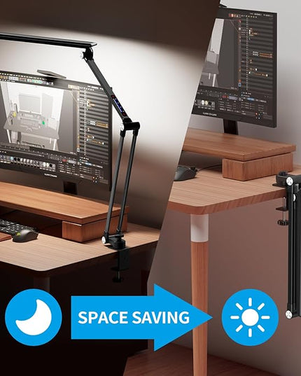 Space Saving LED Desk Lamps,Touch Adjustment 10 Color Temperatures &10 Brightness Eye-Caring Modes, Swing Arm Desk Light with Clamp，Lamp for Home Office 360° Spin Memory Function-Metallic Black - LeafyLoom
