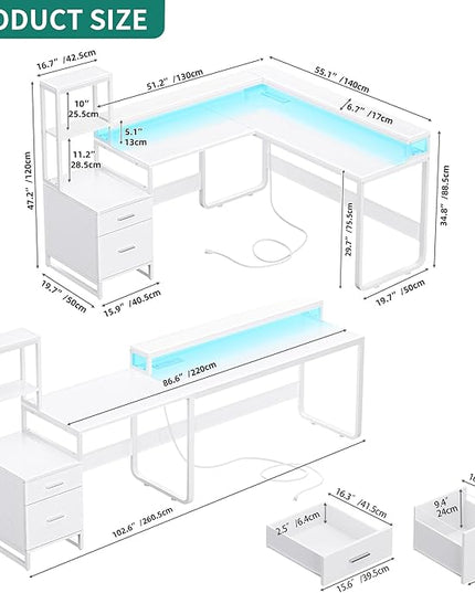 YITAHOME L Shaped Desk with Power Outlets & Hutch, Computer Desk with Drawers & LED Lights, Reversible Corner Office Desk with Printer Stand for Home Office, White - LeafyLoom