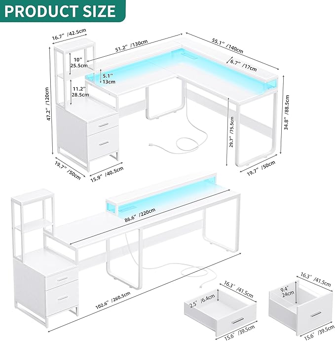 YITAHOME L Shaped Desk with Power Outlets & Hutch, Computer Desk with Drawers & LED Lights, Reversible Corner Office Desk with Printer Stand for Home Office, White - LeafyLoom