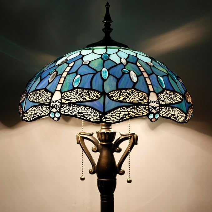Tiffany Floor Lamp Stained Glass Standing Reading Lamp 16X16X66 Inches Antique Pole Corner Light for Bedroom Living Room Home Office (Blue Dragonfly) - LeafyLoom