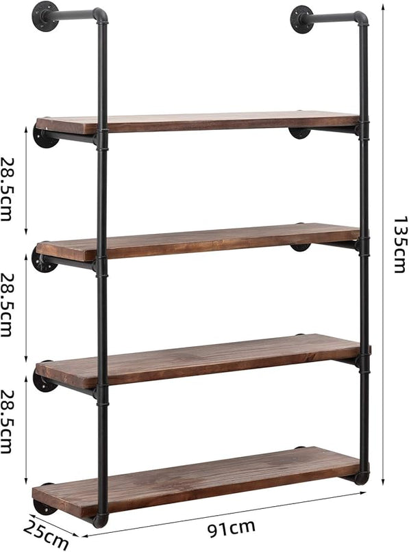 Industrial Wall Mounted Pipe Shelving,Rustic Metal Floating Shelves,Steampunk Real Wood Bookcases,DIY Bookshelf Hanging Shelves,Farmhouse Kitchen Bar Office Home Storage (5-Tier with 4 Boards,36in) - LeafyLoom