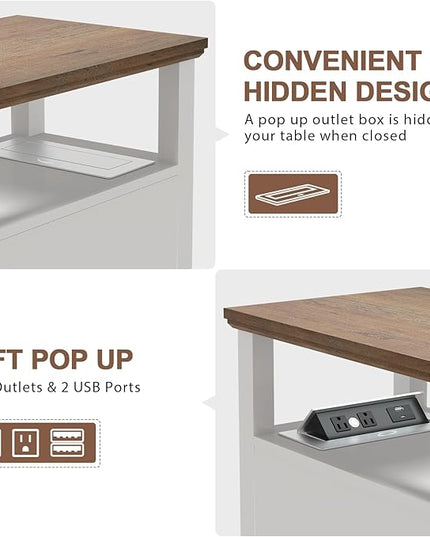 HIFYOBRO Narrow End Table with Flip Top Charging Station and Storage Cabinet, Type-C & USB port & Power outlets, Adjustable Shelf, White Side Table with Storage for Living Room and Bedroom - LeafyLoom