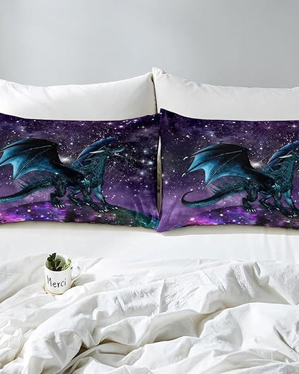 Erosebridal Dragon Bedding Set Purple Nebula Comforter Set Queen Size Mysterious Outer Space Duvet Set Trippy Bedding Set for Kids Boys Girls Teens Room Decor, Safari Wildlife Animals Quilt Set - LeafyLoom