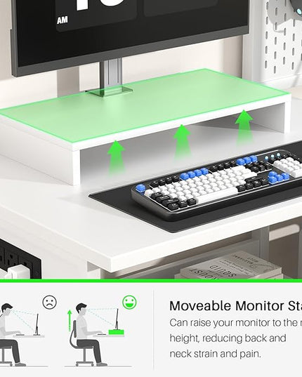 Small Gaming Desk with 2 Fabric Drawers - Reversible Computer Desk with Power Outlet & LED Lights, 49" Office Desk with Monitor Stand & Storage Shelves, Writing Study Table with Pegboard, White - LeafyLoom