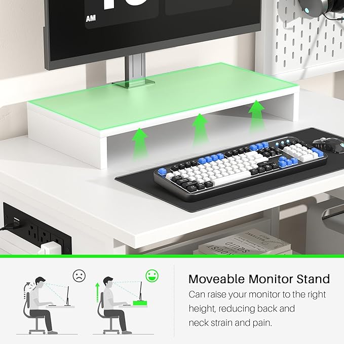 Small Gaming Desk with 2 Fabric Drawers - Reversible Computer Desk with Power Outlet & LED Lights, 49" Office Desk with Monitor Stand & Storage Shelves, Writing Study Table with Pegboard, White - LeafyLoom