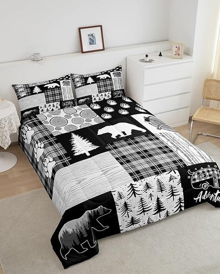 Bear Plaids Comforter Set Queen Size,Pine Trees Animals Hunting Bedding Set for Kids Boys Girls Adults Room Decor,Adventure Rustic Farmhouse Down Comforter,Black Retro Duvet Insert,2 Pillowcases - LeafyLoom