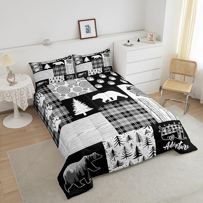 Bear Plaids Comforter Set Queen Size,Pine Trees Animals Hunting Bedding Set for Kids Boys Girls Adults Room Decor,Adventure Rustic Farmhouse Down Comforter,Black Retro Duvet Insert,2 Pillowcases - LeafyLoom