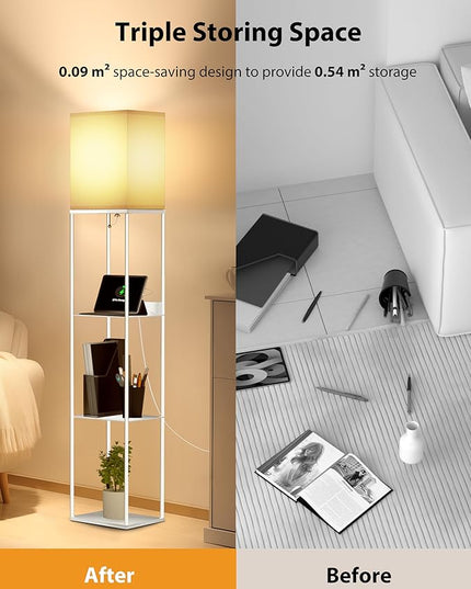 Evajoy Floor Lamp with Shelves, Smart RGB Floor Lamps Work with Alexa, with 2 USB Ports & 1 AC Output, Modern 4-tier Lamp for Display Storage, Floor Lamps for Living Room, Bedroom, Office,White - LeafyLoom
