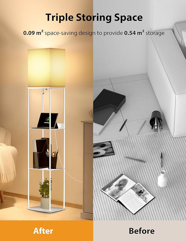 Evajoy Floor Lamp with Shelves, Smart RGB Floor Lamps Work with Alexa, with 2 USB Ports & 1 AC Output, Modern 4-tier Lamp for Display Storage, Floor Lamps for Living Room, Bedroom, Office,White - LeafyLoom