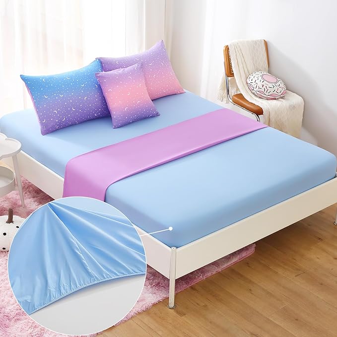 JQinHome Full Girls Comforter Set,6 Piece Bed in A Bag 3D Purple Orange Glitter Bedding Set -All Season Microfiber Rainbow Bedding Sets for Girls Women - LeafyLoom