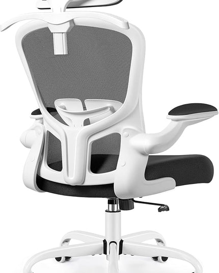 FelixKing Office Chair with Headrest, Ergonomic Desk Chair with Wheels, Task Swivel Comfy Chair with Adjustable Lumbar Support, Breathable Mesh Computer Chair with flip-up Armrests (White) - LeafyLoom