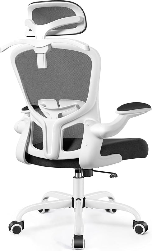 FelixKing Office Chair with Headrest, Ergonomic Desk Chair with Wheels, Task Swivel Comfy Chair with Adjustable Lumbar Support, Breathable Mesh Computer Chair with flip-up Armrests (White) - LeafyLoom