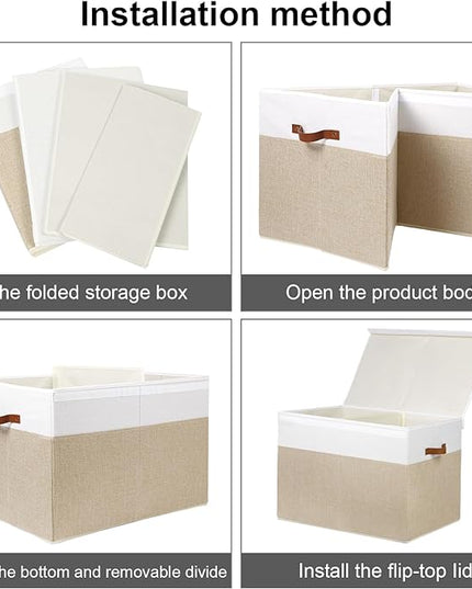 Large Toy Storage Box with Lid, Sturdy Toys Storage Chest Bin Organizer Basket with Dividers for Kids, Boys, Girls, Nursery, Closet, Bedroom, Playroom 26"x17" x17" (Beige and White) - LeafyLoom