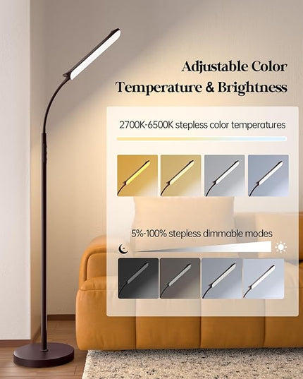 LED Floor Lamp, 18W Super Bright Floor Lamp for Living Room, Adjustable Stepless Colors & Brightness Gooseneck Standing Lamp, Eye Caring Reading Light with Remote& Touch Control for Bedroom Office - LeafyLoom