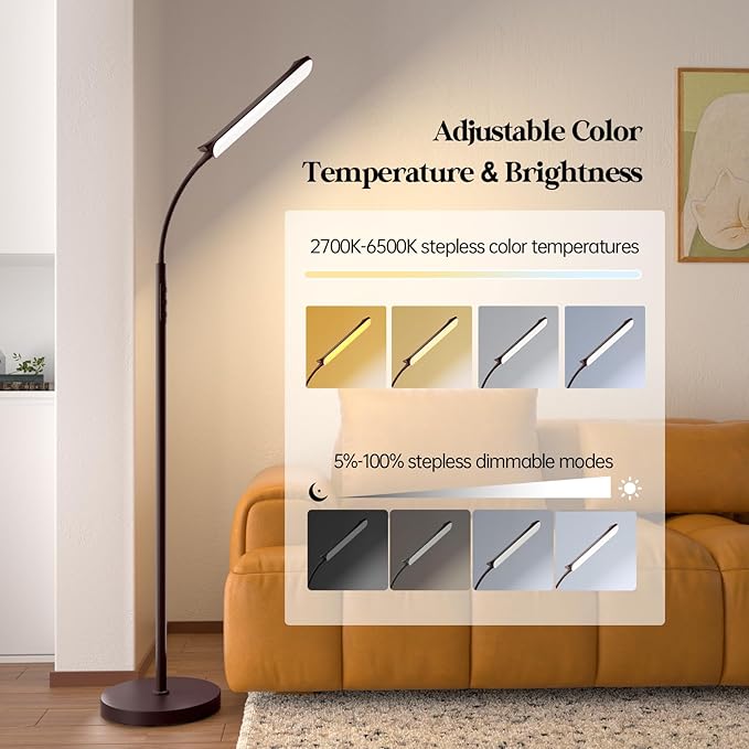 LED Floor Lamp, 18W Super Bright Floor Lamp for Living Room, Adjustable Stepless Colors & Brightness Gooseneck Standing Lamp, Eye Caring Reading Light with Remote& Touch Control for Bedroom Office - LeafyLoom