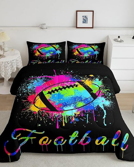 Feelyou Kids Football Comforter Set Queen Size Rugby Sports Game Bedding Set for Boys Girls Teens Bedroom Decor Tie Dye Comforter Women Men Soccer Player Duvet Set with 2 Pillow Case - LeafyLoom