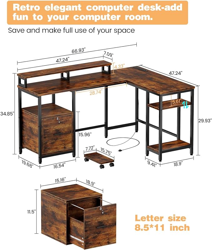 IDEALHOUSE 67" L Shaped Computer Desk with Drawers, Reversible Home Office Desk with Power Outlet, Adjustable Shelf and Mobile CPU Stand, Gaming Desk for Work, Home Office Corner Desk, Rustic Brown - LeafyLoom