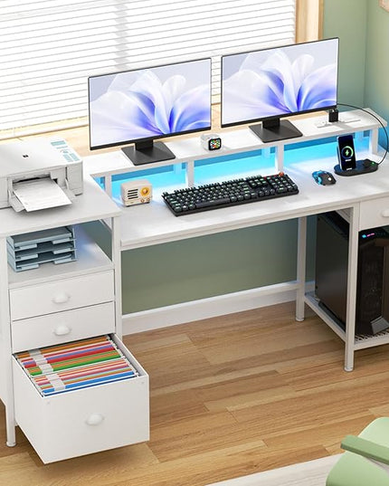 Furologee White Computer Desk with Drawers, 60" Office Long Desk with Fabric File Cabinet and Power Outlets, Gaming Desk with LED Lights, Study Writing Work Desk for Home Office, White - LeafyLoom