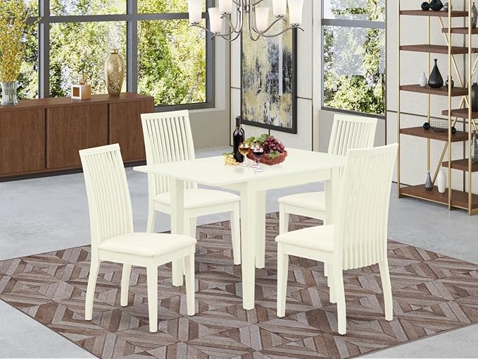 East West Furniture NDIP5-LWH-C Norden 5 Piece Kitchen Set for 4 Includes a Rectangle Dining Room Table with Dropleaf and 4 Fabric Upholstered Chairs, 30x48 Inch, Linen White - LeafyLoom