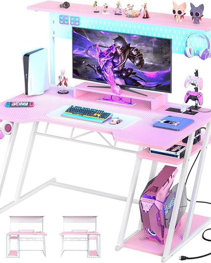 Gaming Computer Desk with Outlets and Storage Shelves, Pink Gaming Desk with Hutch and LED Lights, PC Gaming Desk with Pegboard for Bedroom, Carbon Fiber Pink, 47'' - LeafyLoom