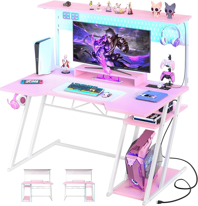Gaming Computer Desk with Outlets and Storage Shelves, Pink Gaming Desk with Hutch and LED Lights, PC Gaming Desk with Pegboard for Bedroom, Carbon Fiber Pink, 47'' - LeafyLoom