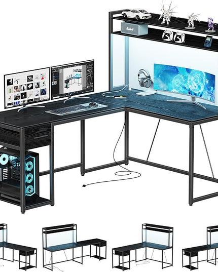L Shaped Gaming Desk, Reversible L Shaped Computer Desk with Drawers, Led Lights & Power Outlets for Home Office Black - LeafyLoom