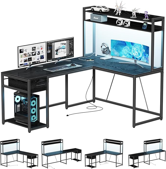 L Shaped Gaming Desk, Reversible L Shaped Computer Desk with Drawers, Led Lights & Power Outlets for Home Office Black - LeafyLoom