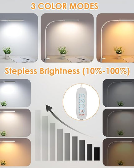 ShineTech LED Desk Lamp for Home Office, Eye-Caring Desk Light with Clamp, 3 Colors Stepless Brightness Adjustable Flexible Gooseneck, USB Adapter Architect Task Lamps for College Dorm Room - LeafyLoom