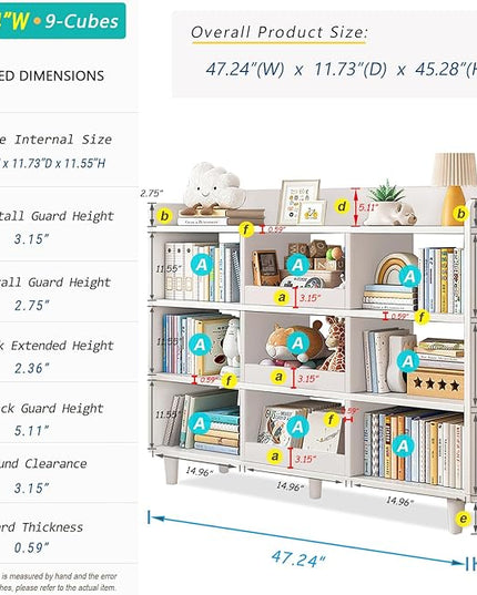 Wooden Cube Bookcase with Legs - 3-Tier Open Shelf Kidsroom Sorted Storage Cabinet Organizer for Books and Toys, 9-Cube Lattice Cute Cubby Bookshelf in Pearl White, 47" W - LeafyLoom