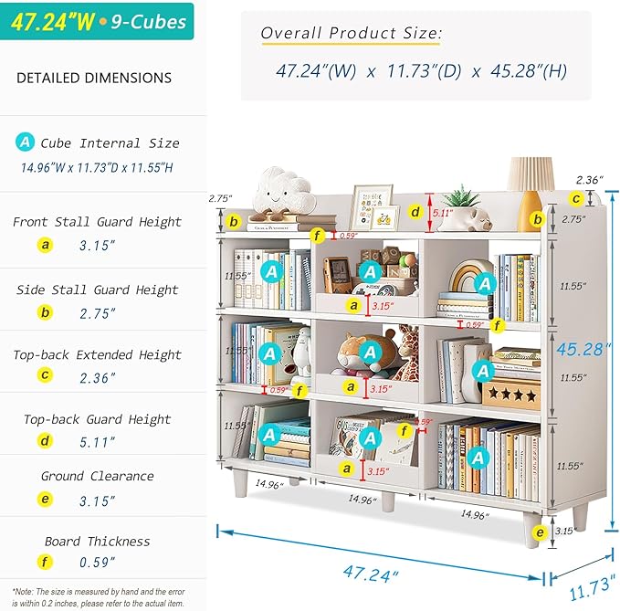 Wooden Cube Bookcase with Legs - 3-Tier Open Shelf Kidsroom Sorted Storage Cabinet Organizer for Books and Toys, 9-Cube Lattice Cute Cubby Bookshelf in Pearl White, 47" W - LeafyLoom