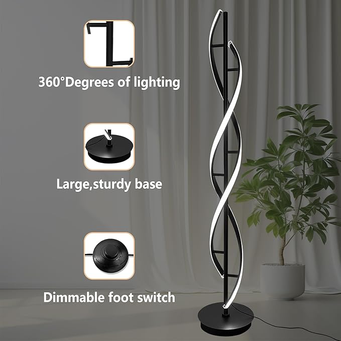 Spiral Floor Lamp 53 inch, with Remote Control Three Color Dimmable Standing Lamps, Modern Creative Pole Lamp, 36W Floor Lamps for Living Room, Bedroom, Office, Study Light（Black） - LeafyLoom