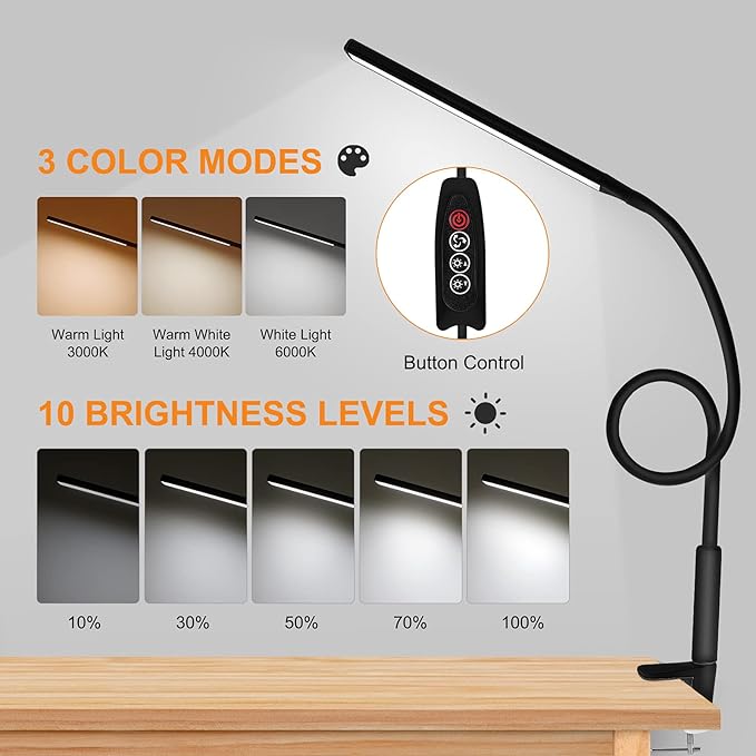 LED Desk Lamp, Swing Arm Table Lamp with Clamp, Flexible Gooseneck Task Lamp, Eye-Caring Architect Desk Light, 3 Modes 10 Brightness Levels, Memory Function Desk Lamps for Home Office, 12W - LeafyLoom