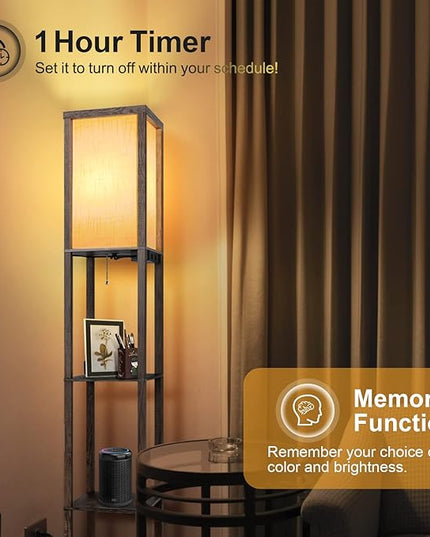 OUTON Floor Lamp with Shelves, Dimmable Shelf Floor Lamp with 1 USB & 1 Type C Ports, 1 Power Outlet, Modern Standing Lamp with 4 Color Temperature for Living Room, Bedroom, Dark Grey - LeafyLoom