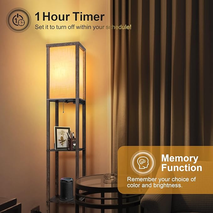 OUTON Floor Lamp with Shelves, Dimmable Shelf Floor Lamp with 1 USB & 1 Type C Ports, 1 Power Outlet, Modern Standing Lamp with 4 Color Temperature for Living Room, Bedroom, Dark Grey - LeafyLoom