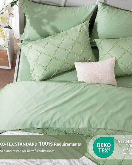 Boho Sage Green Comforter Set with Jacquard Tufted Design,Farmhouse Bedding Sets for All Seasons,Soft 7 Pieces King Bed in a Bag with Comforter,Flat Sheet,Fitted Sheet,Pillowcases & Shams - LeafyLoom