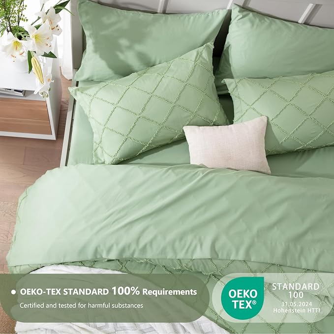 Boho Sage Green Comforter Set with Jacquard Tufted Design,Farmhouse Bedding Sets for All Seasons,Soft 7 Pieces King Bed in a Bag with Comforter,Flat Sheet,Fitted Sheet,Pillowcases & Shams - LeafyLoom