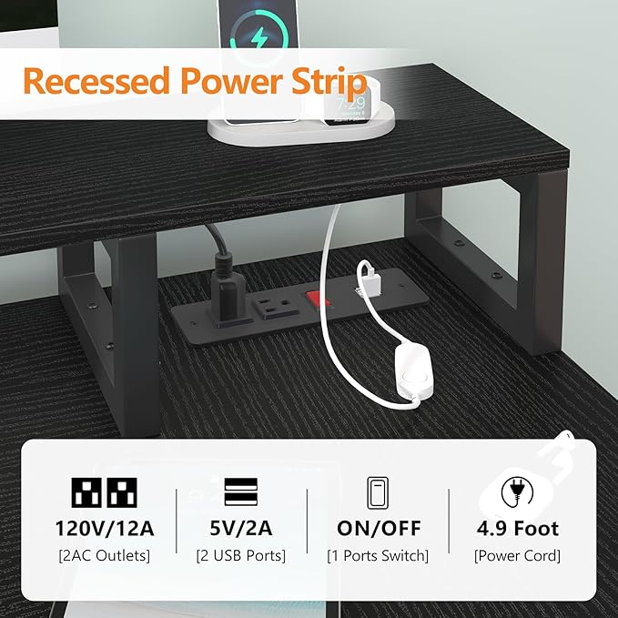 L Shaped Desk with 3 Drawer & 3 Open Shelf, Computer Desk with LED Lights & Power Outlets, Home Office Desk with Reversible Storage Shelves & Monitor Stand, Corner Desk for Small Space - LeafyLoom