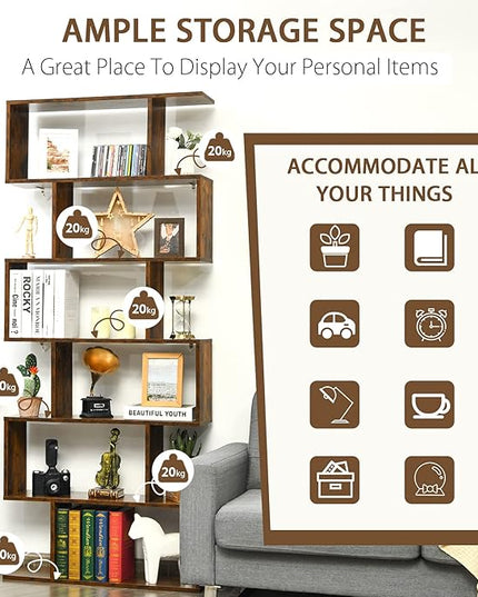 BETTARY 6-Tier Bookshelf, Freestanding S-Shaped Geometric Display Shelf, Modern Tall Bookcase for Home Office, Living Room, Bedroom, Coffee - LeafyLoom