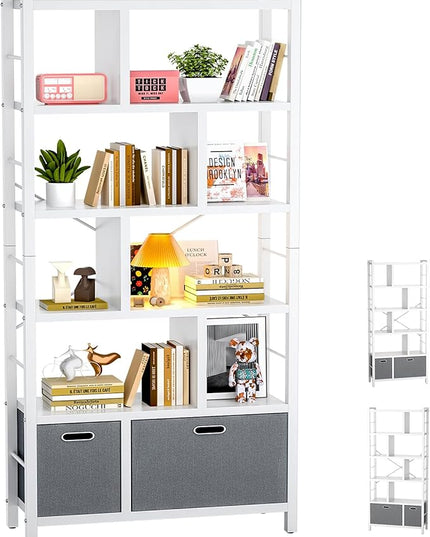 armocity 74 Inch Tall Bookshelf, 6 Tier Bookcase with Drawers, Modern Book Shelf Display Standing Shelf Units with Storage, Wood and Metal Bookshelves for Living Room, Bedroom, Home Office, White - LeafyLoom