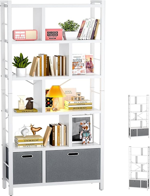 armocity 74 Inch Tall Bookshelf, 6 Tier Bookcase with Drawers, Modern Book Shelf Display Standing Shelf Units with Storage, Wood and Metal Bookshelves for Living Room, Bedroom, Home Office, White - LeafyLoom