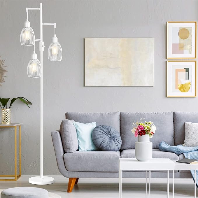 Dimmable Floor Lamp, 3 x 800LM LED Edison Bulbs Included, Farmhouse Industrial Floor Lamp Standing Lamp with Elegant Teardrop Cage Head Tall Lamp for Living Room Bedroom Office Dining Room - White - LeafyLoom