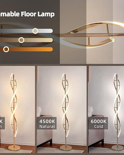 LED Modern Floor Lamp for Living Room, 40W 3 Colors Stepless Dimmable and Color-Changing Bright Floor Standing Lamp,60" Unique Spiral Floor Tall Lamp for Bedroom Office with Remote,Gold - LeafyLoom
