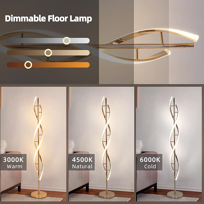LED Modern Floor Lamp for Living Room, 40W 3 Colors Stepless Dimmable and Color-Changing Bright Floor Standing Lamp,60" Unique Spiral Floor Tall Lamp for Bedroom Office with Remote,Gold - LeafyLoom