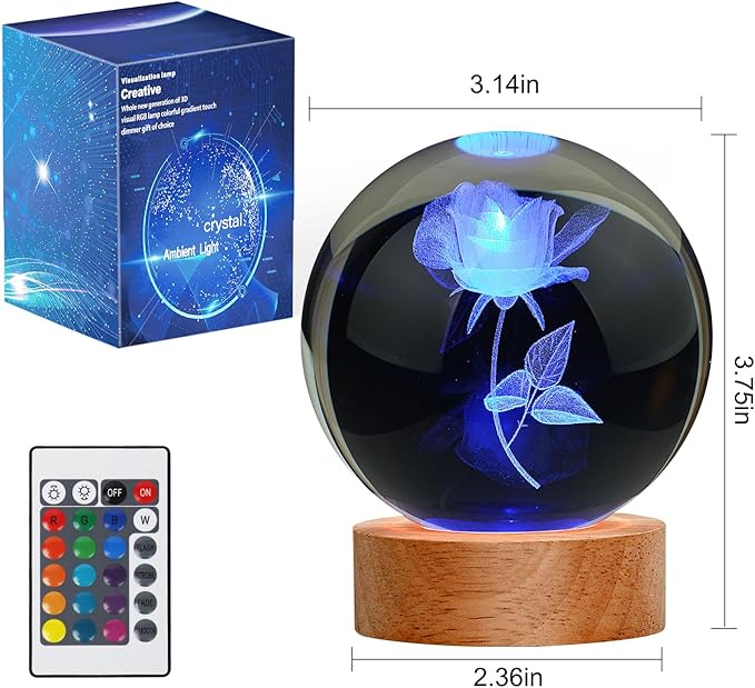 Rose Lamp Romantic Gifts for Her, Large 3D Rose Night Light, Crystal Light up Rose Lamp 16 Color Changing with Remote Control for Bedroom Decor, Only Rose Lamp - LeafyLoom