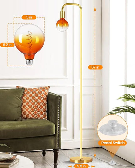 QiMH Floor Lamp for Living Room, Minimalist Industrial Standing Lamp with Clear Globe Glass LED Bulb, 2200K Warm Ambiant Lighting Decorative Modern Tall Lamp for Bedroom Office, Brushed Gold - LeafyLoom