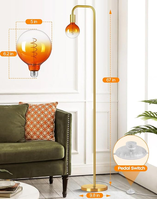 QiMH Floor Lamp for Living Room, Minimalist Industrial Standing Lamp with Clear Globe Glass LED Bulb, 2200K Warm Ambiant Lighting Decorative Modern Tall Lamp for Bedroom Office, Brushed Gold - LeafyLoom
