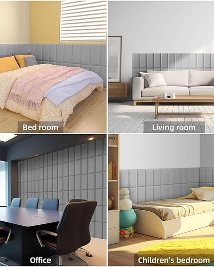 Peel and Stick Headboard Grey Upholstered Wall Panels, 10 Panels Sized 7.8" x 15.7", 3D Anti-Collision Soundproof Self-Adhesive Wall Panel for Bedroom，Living Room - LeafyLoom