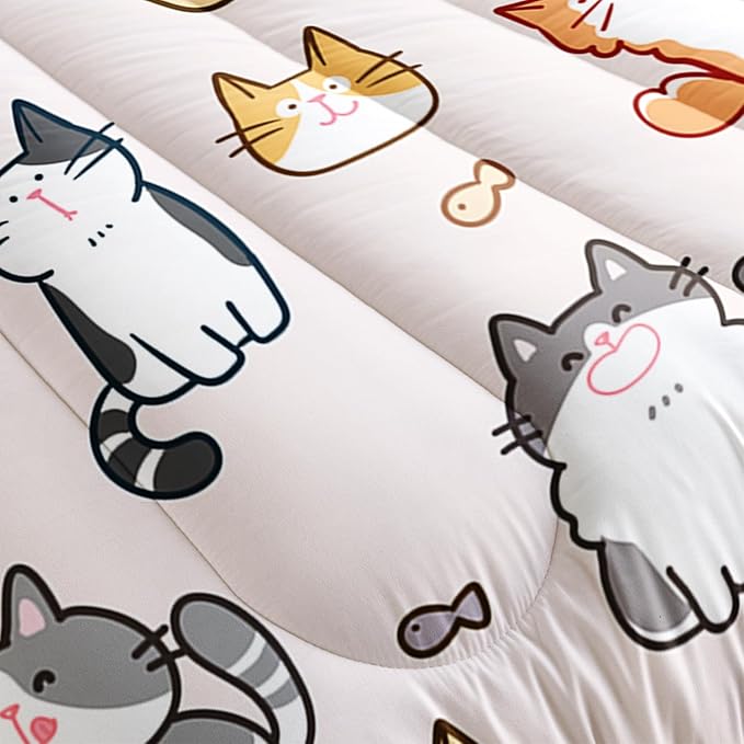 Kids Cute Cat Comforter Set Full Size 3Pcs Cartoon Pet Cat Fishing Bedding Set Lovely Animal Quilt Bed Set for Children Girls Boys Room Decor - LeafyLoom