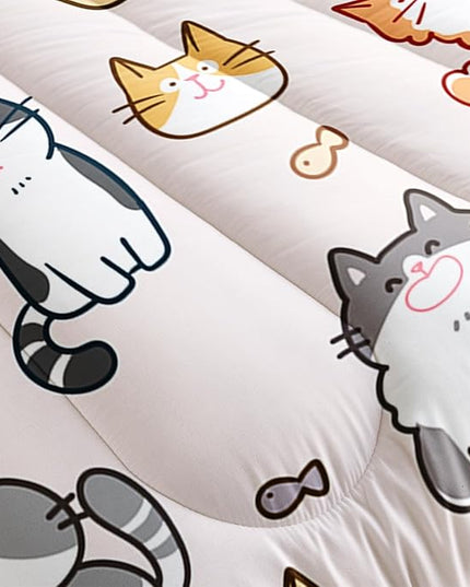 Kids Cute Cat Comforter Set Queen Size 3Pcs Cartoon Pet Cat Fishing Bedding Set Lovely Animal Quilt Bed Set for Children Girls Boys Room Decor - LeafyLoom