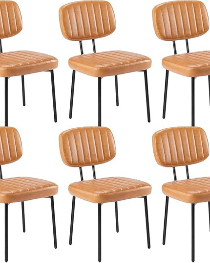 Sweetcrispy Dining Chairs Set of 6, Upholstered Mid Century Modern Kitchen Dining Room Accent Chairs with Faux Leather Cushion Seat & Metal Legs for Kitchen, Living Room - Brown - LeafyLoom